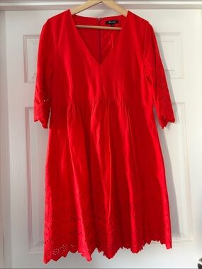Madewell Bright Red V-Neck Eyelet Midi Dress